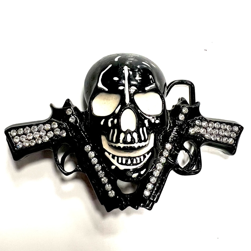 Double Pistols Mens Fashion Belt Buckle Rhinestone Skull